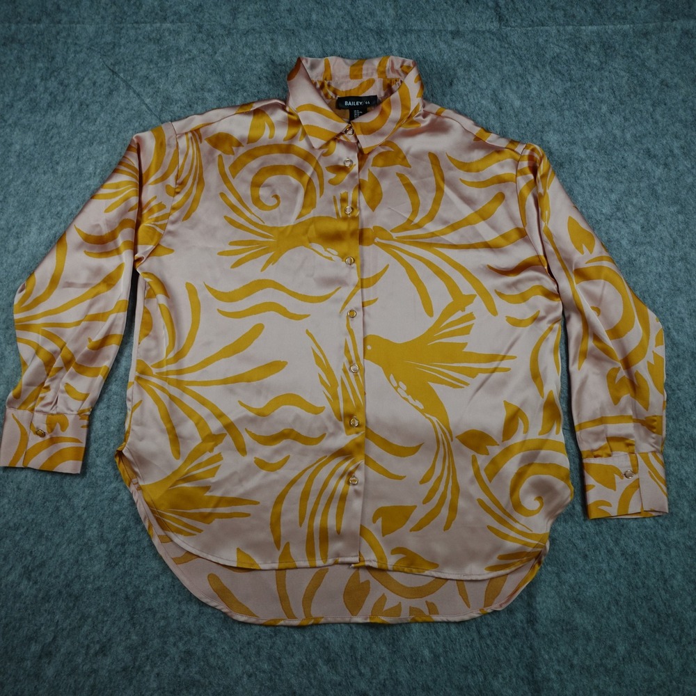Bailey 44 Top Women Extra Large Pink Yellow Bird Satin‎ Button Up Long Sleeve